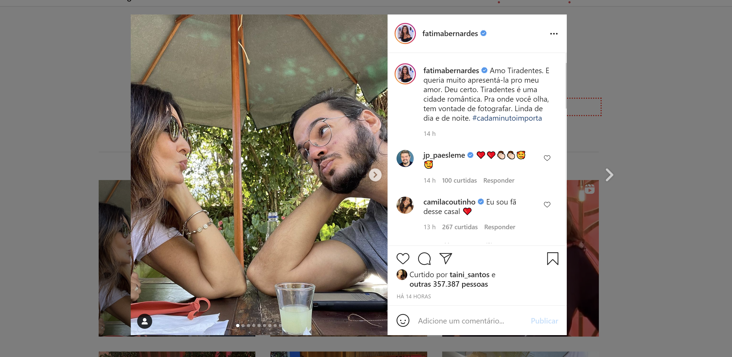 Apresentadora Fátima Bernades da Rede Globo faz declaração para Túlio Gadêlha no seu Instagram