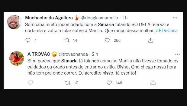 Cartura de tela Twitter comentários sobre entrevista de Simária a Globo