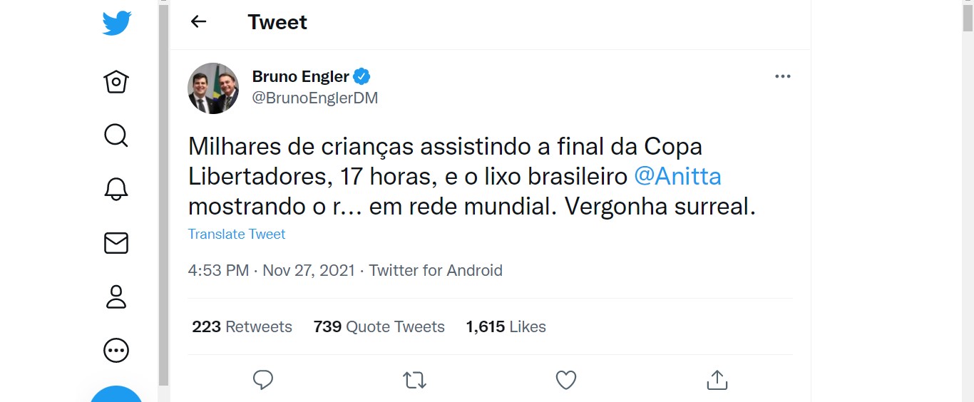Deputado Bruno Engler xinga Anitta na web e internautas rebatem/ Reprodução: Twitter