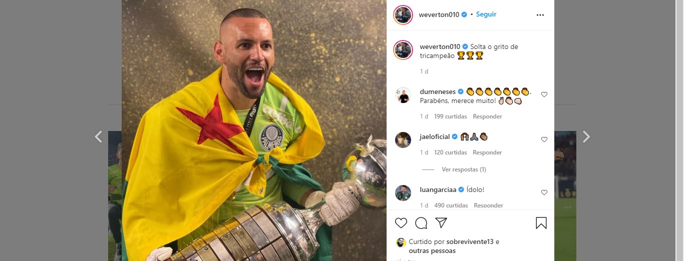 Goleiro do Palmeiras, Weverton, se pronuncia após fala de Paulo Betti/ Reprodução: Instagram