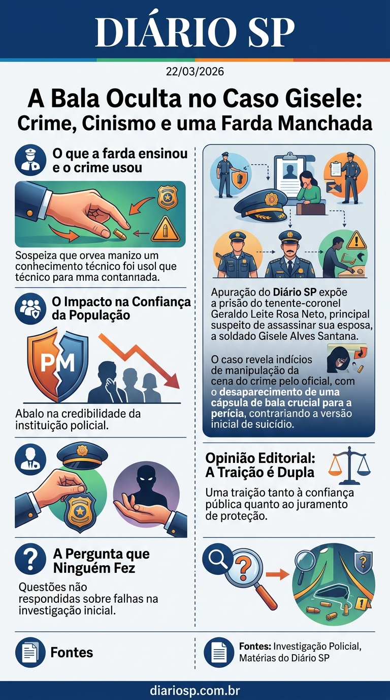 Infográfico — A Bala Oculta no Caso Gisele: Crime, Cinismo e uma Farda Manchada