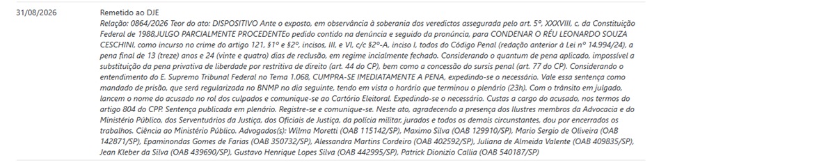 Ceschini é condenado a 13 anos e 24 dias por matar esposa em SP. Imagem: reprodução